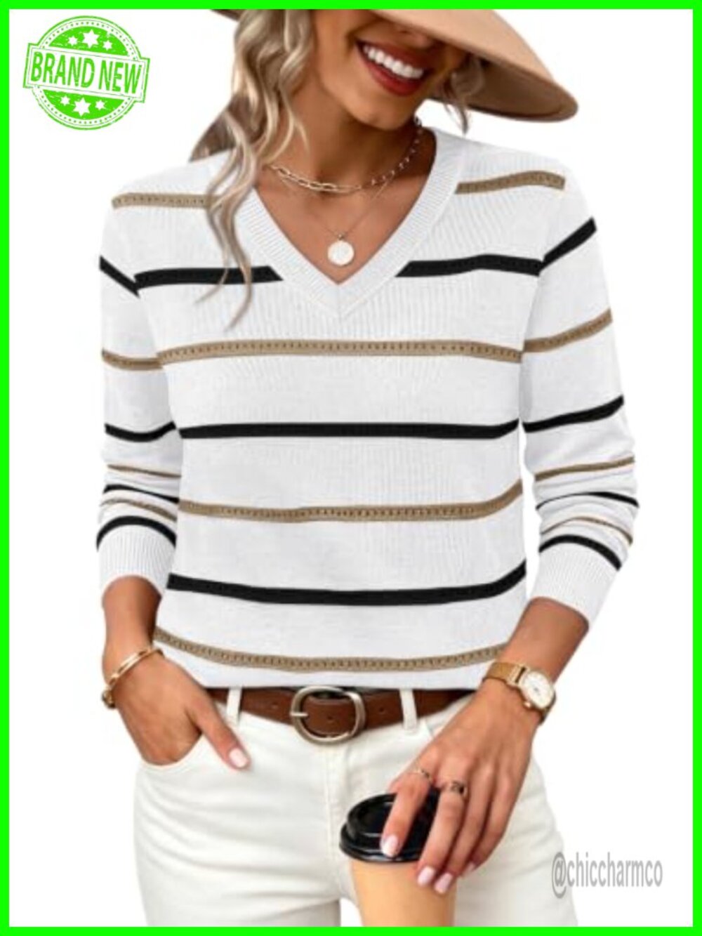 WIHOLL Women's V-Neck Long Sleeve Sweater Pullover Knit Crochet
